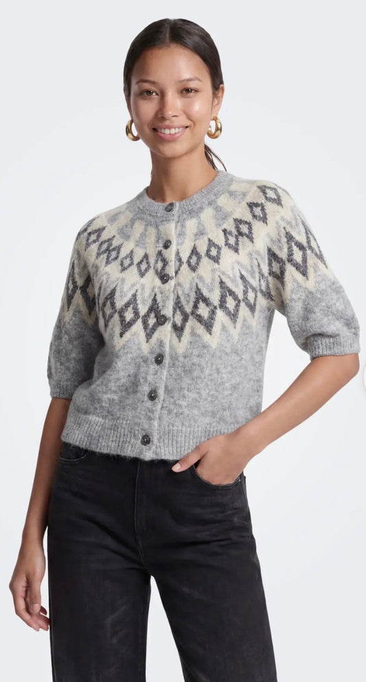 ONLY REYKJA SS FAIR ISLE O-NECK CARDI KNIT - LIGHT GREY MELANGE/FAIR ISLE