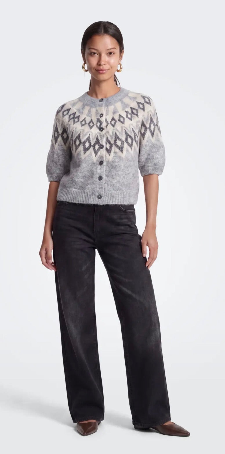 ONLY REYKJA SS FAIR ISLE O-NECK CARDI KNIT - LIGHT GREY MELANGE/FAIR ISLE