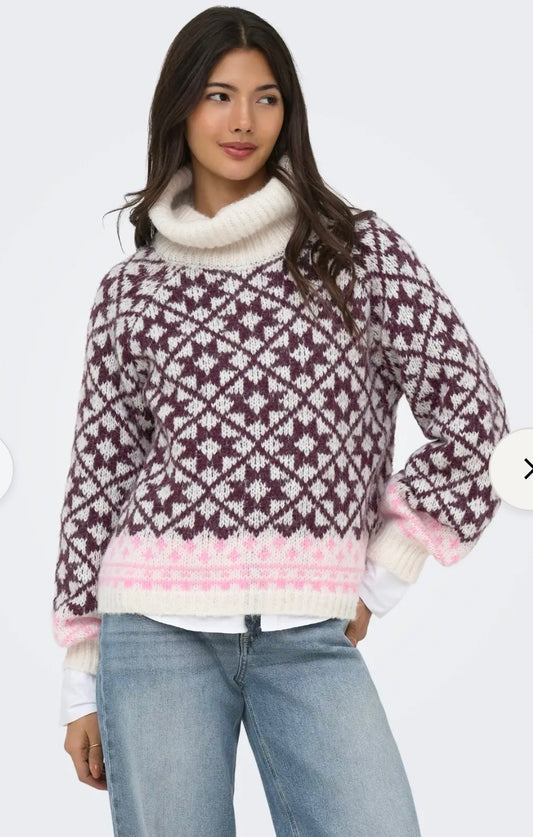 ONLY CARO LS ROLLNECK KNIT - BIRCH/FIG/CYCLAM