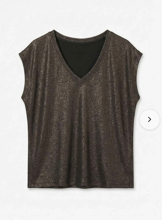 VERO MODA ELENA LX SS V-NECK TOP - CHOCOLATE TORTE/ BROWN LUREX