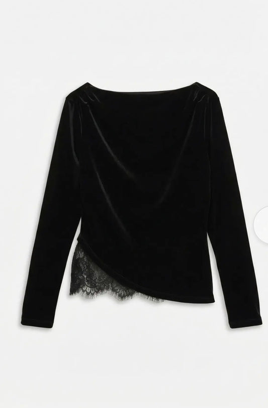 VERO MODA RIKKE LS BOATNECK LACE MIX TOP - BLACK