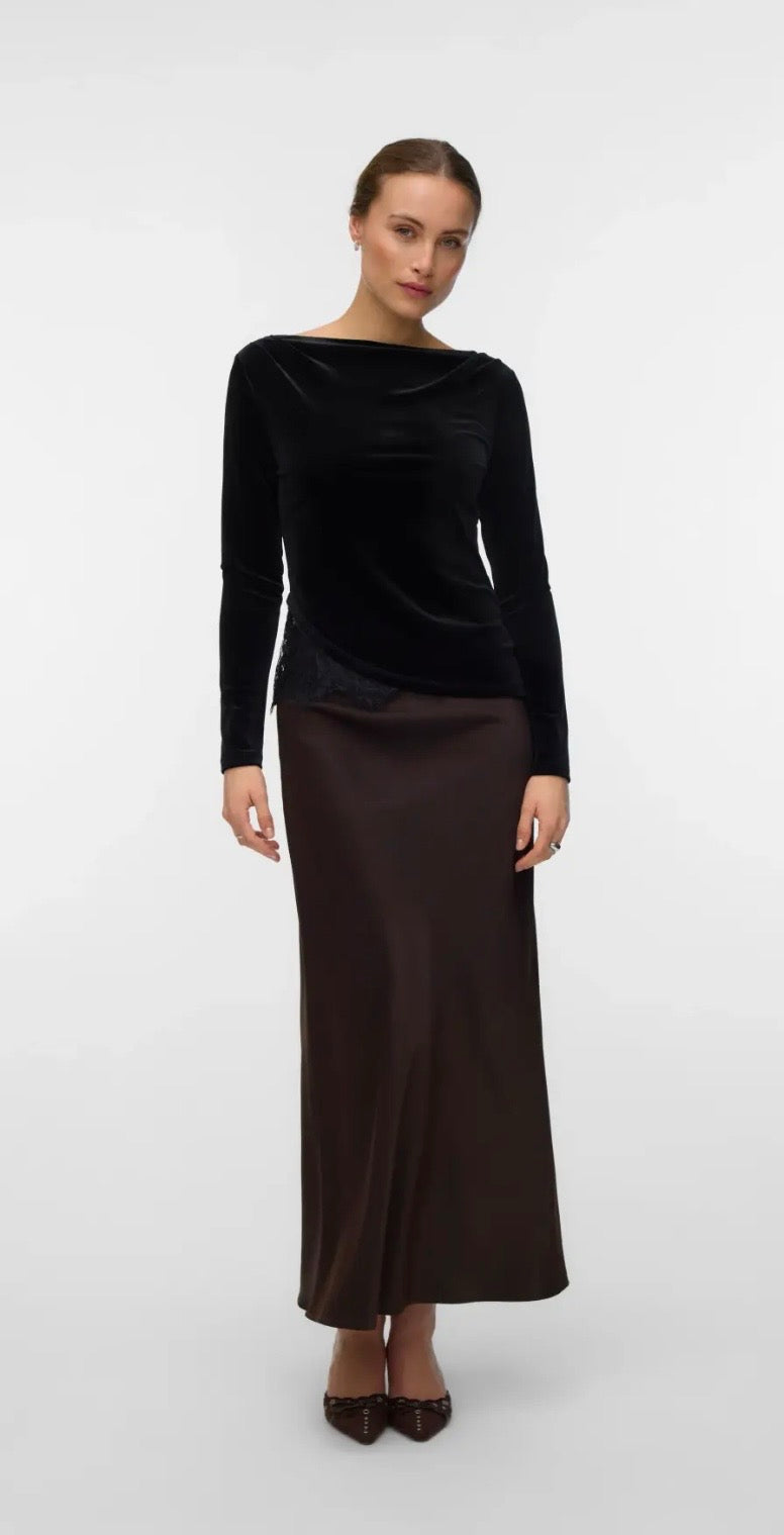 VERO MODA RIKKE LS BOATNECK LACE MIX TOP - BLACK