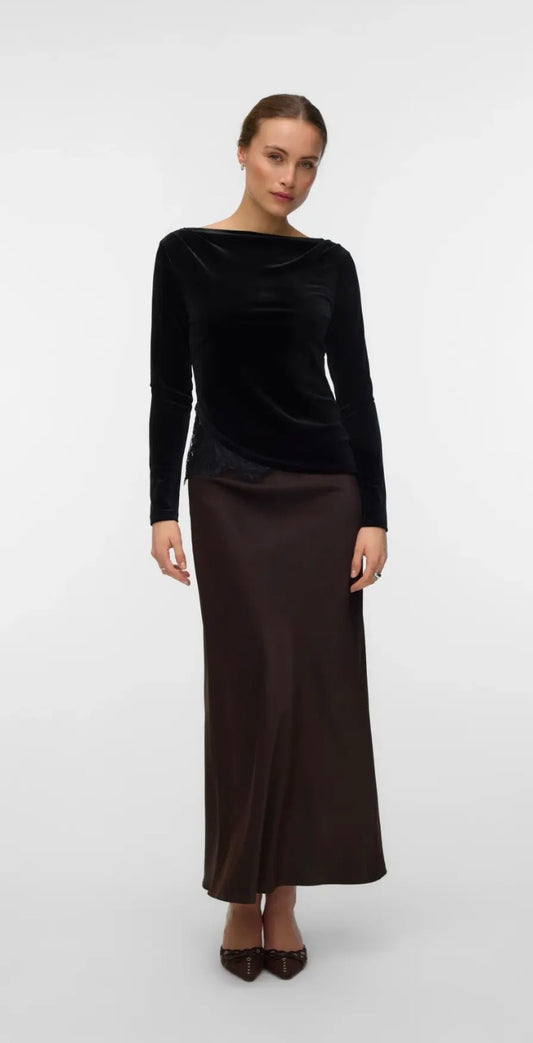 VERO MODA RIKKE LS BOATNECK LACE MIX TOP - BLACK