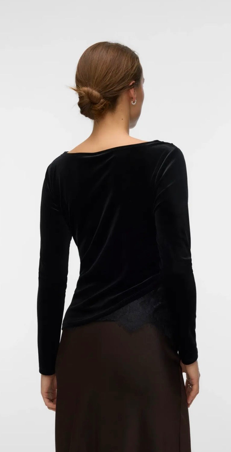 VERO MODA RIKKE LS BOATNECK LACE MIX TOP - BLACK