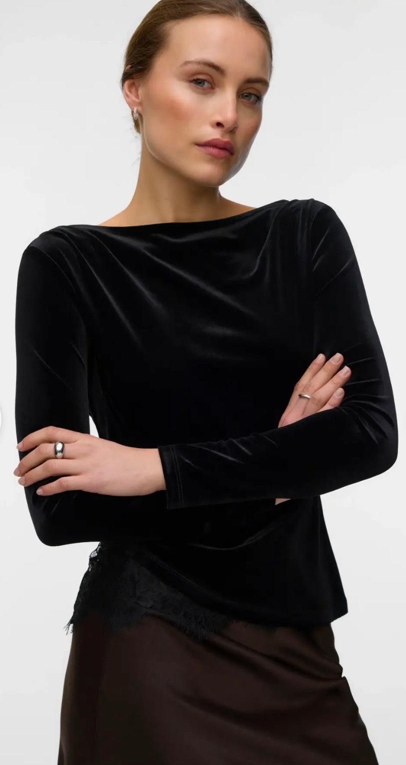 VERO MODA RIKKE LS BOATNECK LACE MIX TOP - BLACK