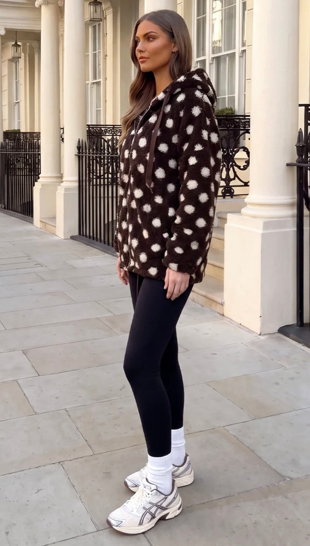 AX PARIS CHOCOLATE POLKA DOT HOODED TEDDY JACKET