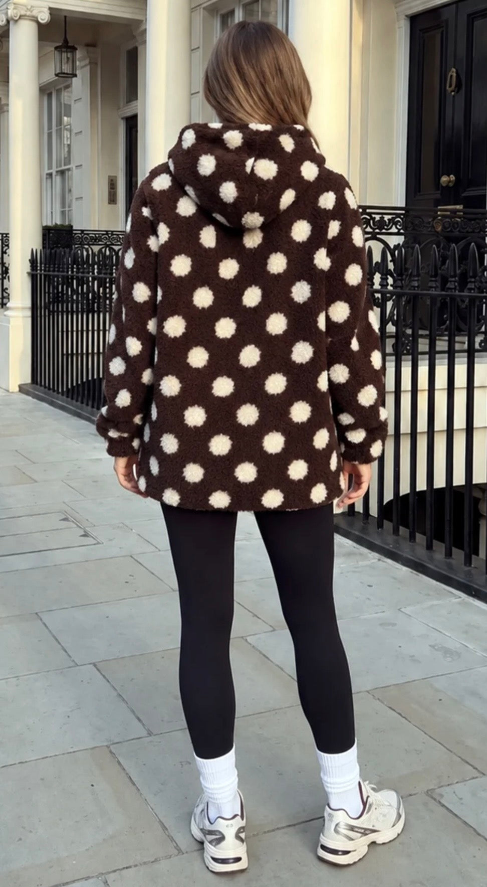 AX PARIS CHOCOLATE POLKA DOT HOODED TEDDY JACKET