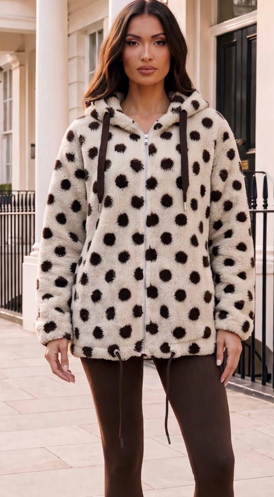 AX PARIS CREAM POLKA DOT HOODED TEDDY JACKET