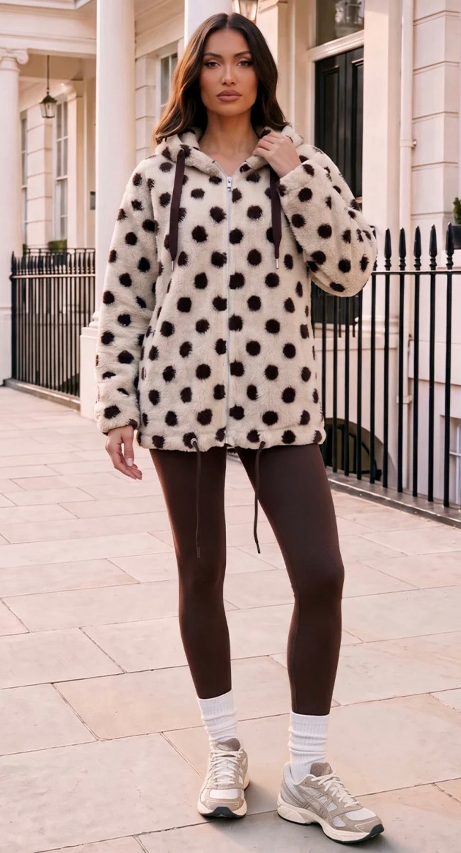 AX PARIS CREAM POLKA DOT HOODED TEDDY JACKET