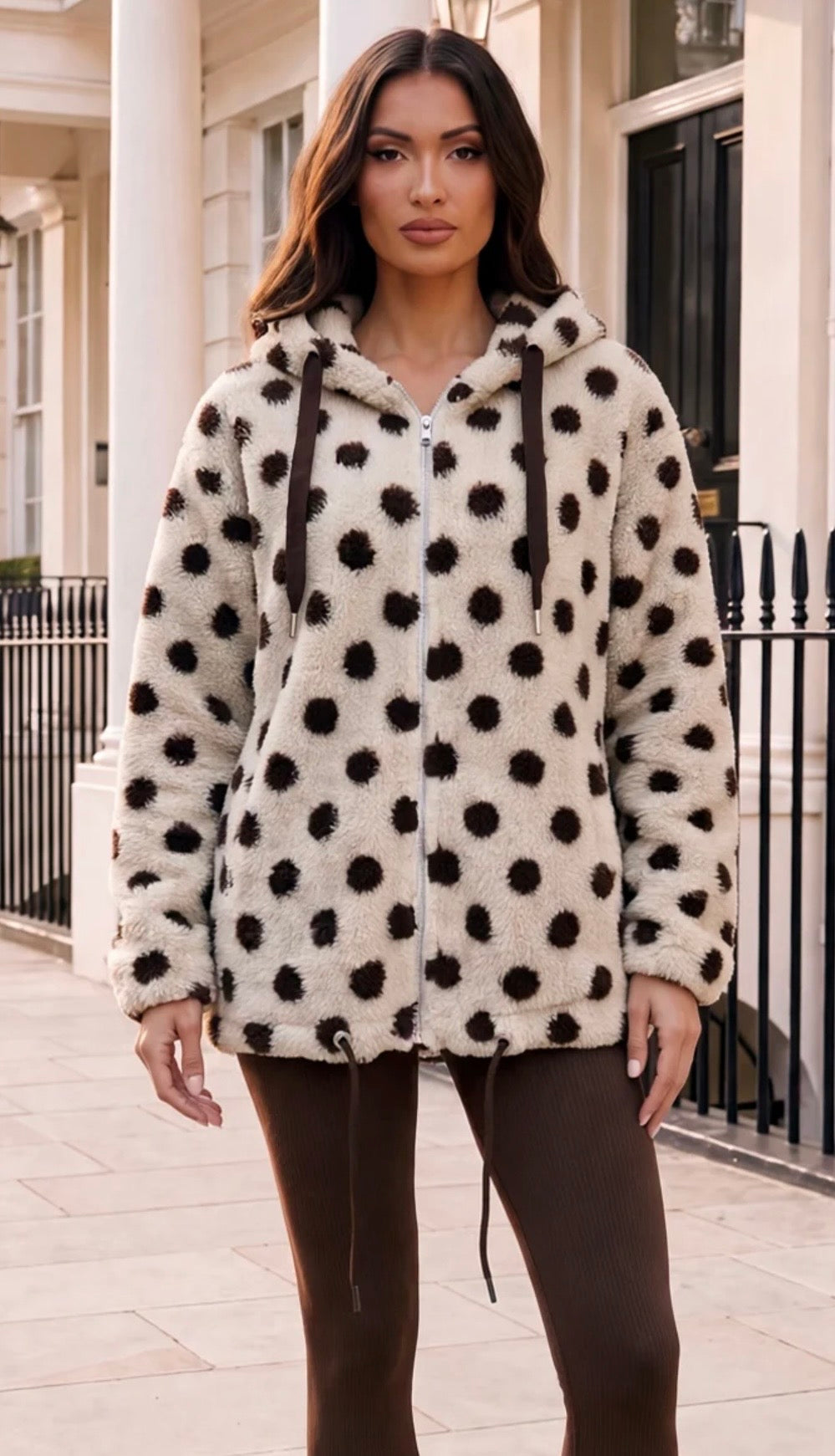 AX PARIS CREAM POLKA DOT HOODED TEDDY JACKET