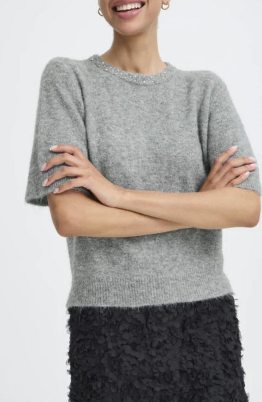BYOUNG OMEA RHINESTONE SS JUMPER GREY MELANGE