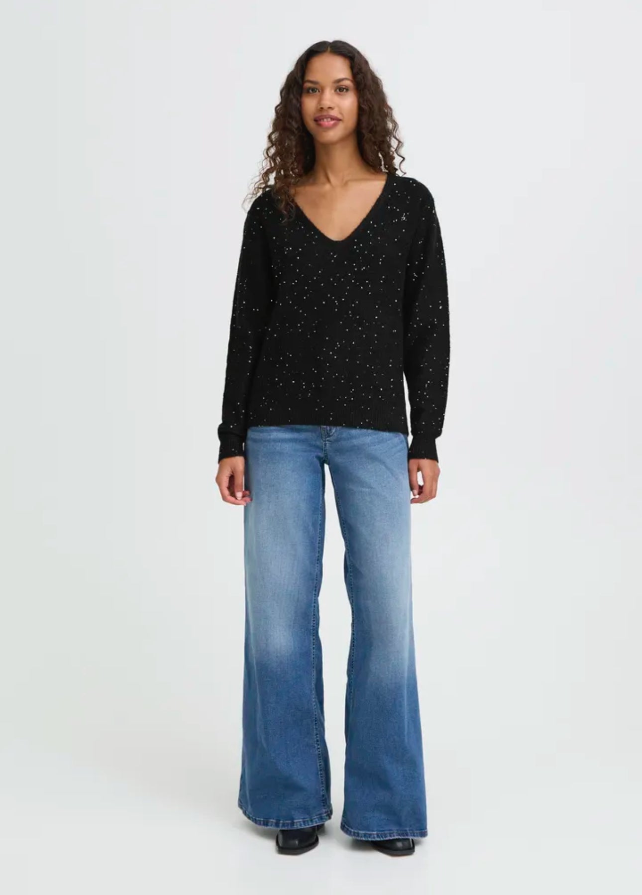 ICHI DAMIAN LS SPARKLE V NECK JUMPER BLACK 20124680
