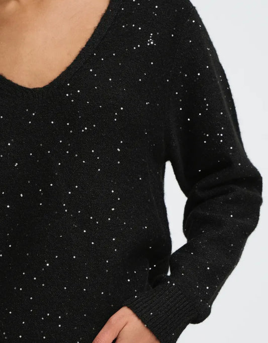 ICHI DAMIAN LS SPARKLE V NECK JUMPER BLACK 20124680