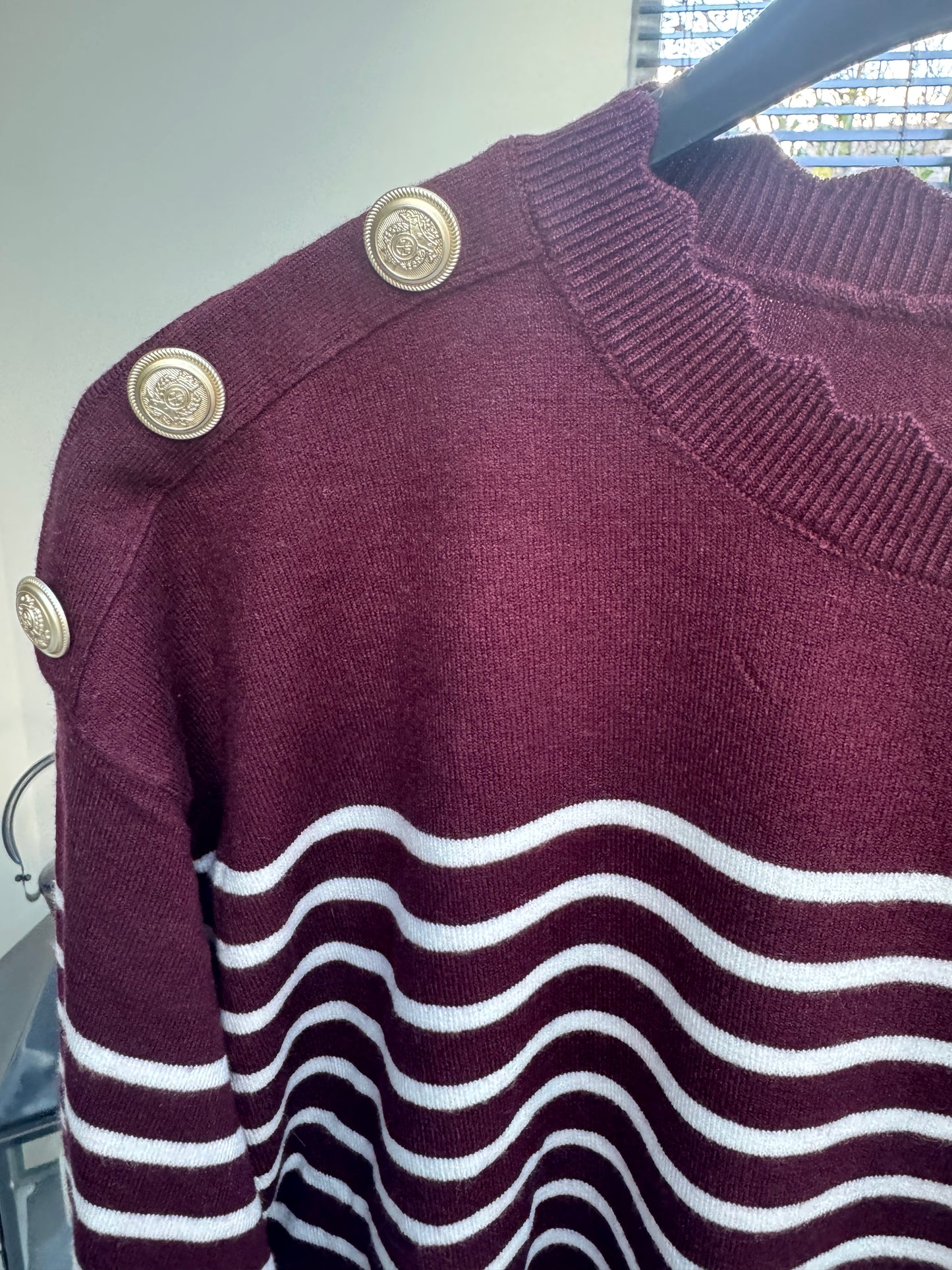 PLUM /WHITE STRIPE LS JUMPER SCALLOP NECK