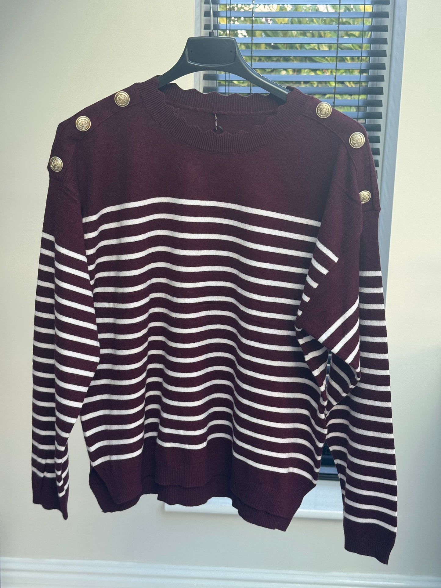 PLUM /WHITE STRIPE LS JUMPER SCALLOP NECK