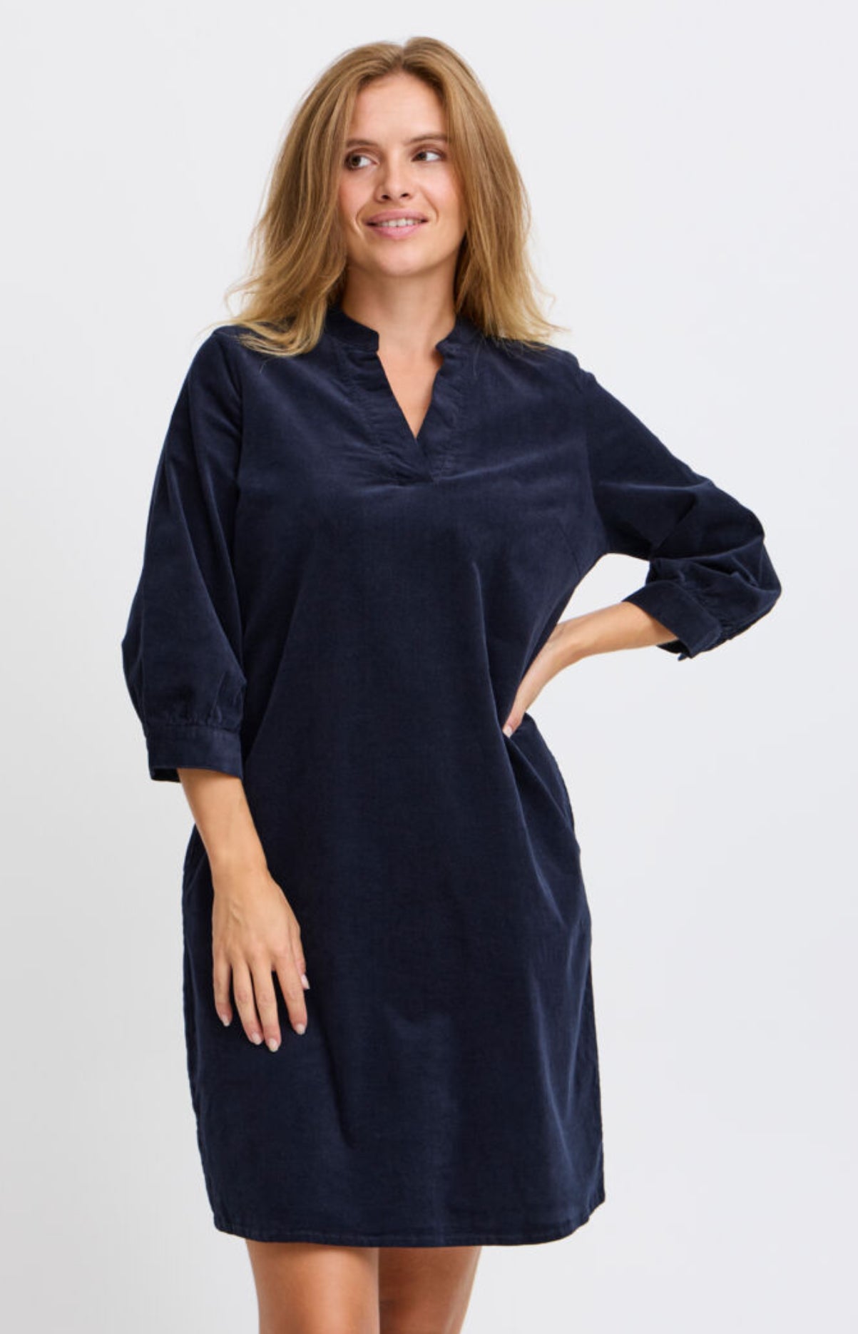 PULZ SALLY LS VNECK DRESS DARK SAPPHIRE