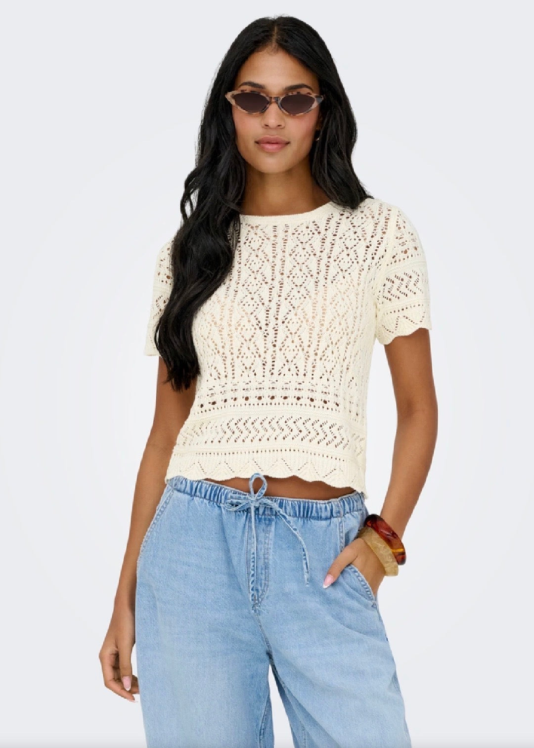 ONLY ELKE LIFE SS STRUCTURED O-NECK KNIT TOP BIRCH 15370940