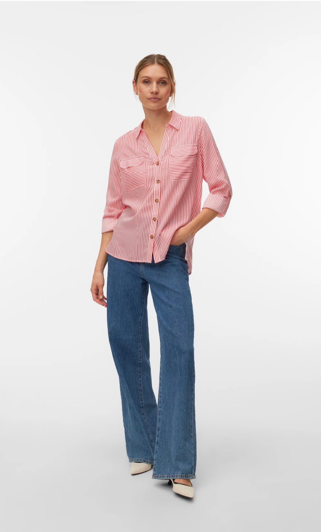 VERO MODA BUMPY LS SHIRT 10275283 CORAL PARADISE/ SNOW WHITE