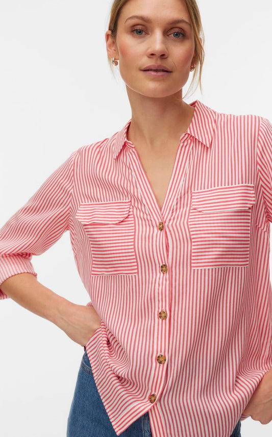 VERO MODA BUMPY LS SHIRT 10275283 CORAL PARADISE/ SNOW WHITE