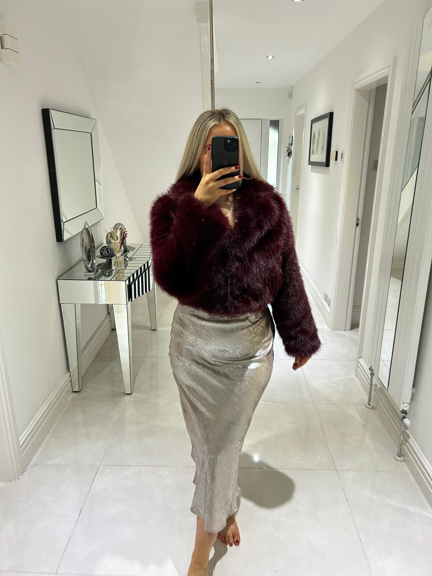 Cropped Burgundy Faux Fur Jacket