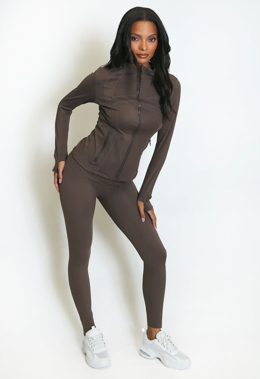 Chocolate Sculpted Gym Jacket & Energy Leggings Set
