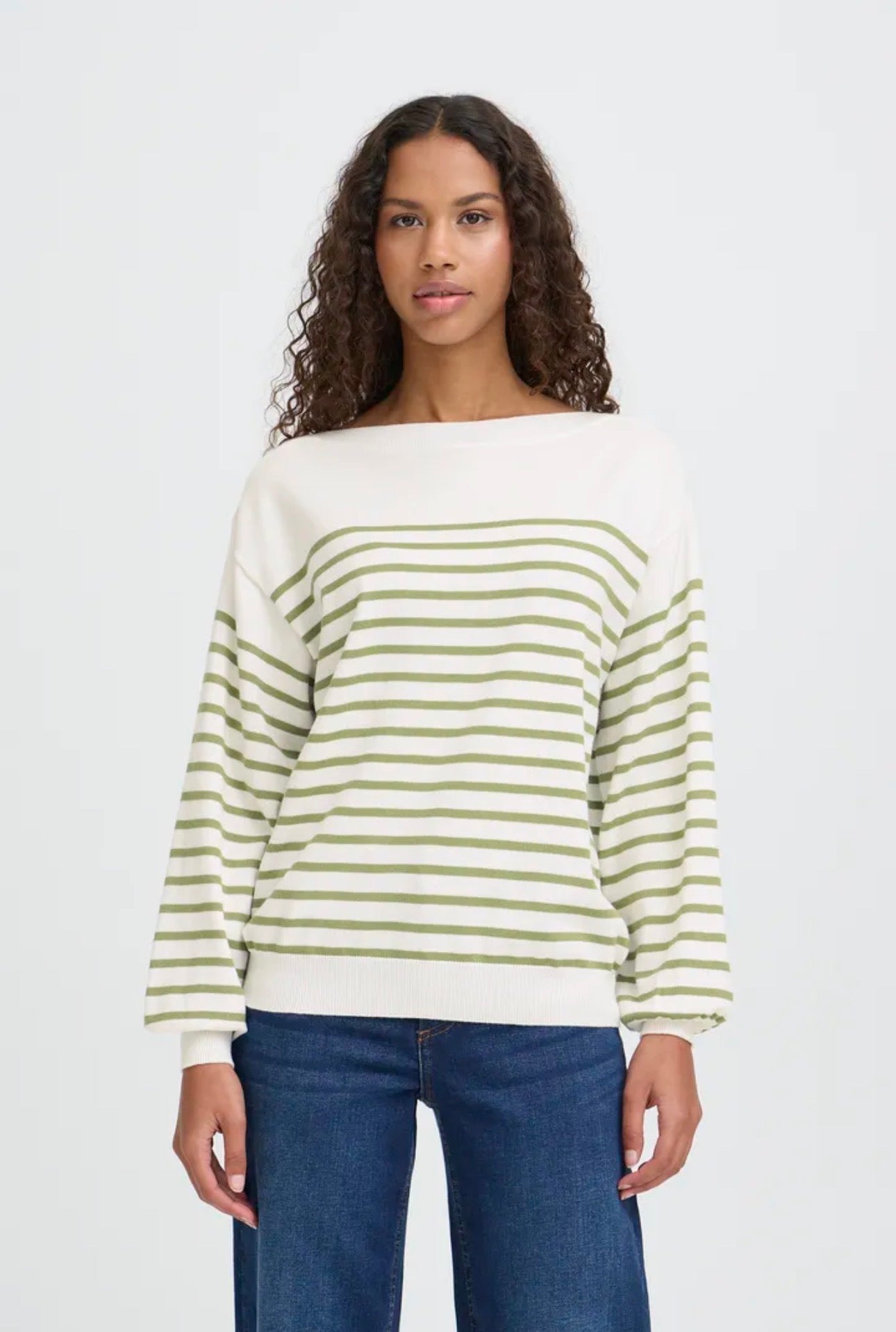 ICHI LULS BOAT NECK LS PULLOVER in SOLID - IGUANA WHITE STRIPE