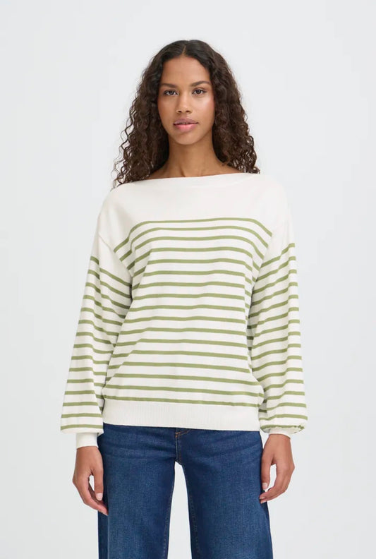 ICHI LULS BOAT NECK LS PULLOVER in SOLID - IGUANA WHITE STRIPE