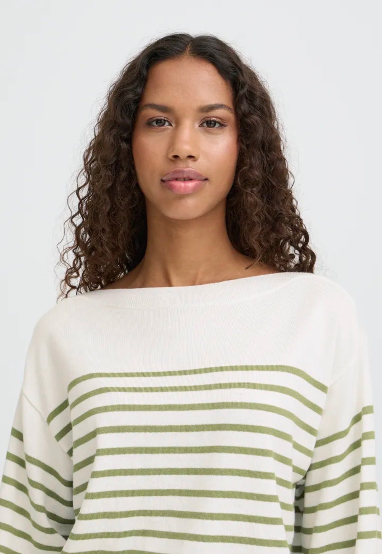 ICHI LULS BOAT NECK LS PULLOVER in SOLID - IGUANA WHITE STRIPE