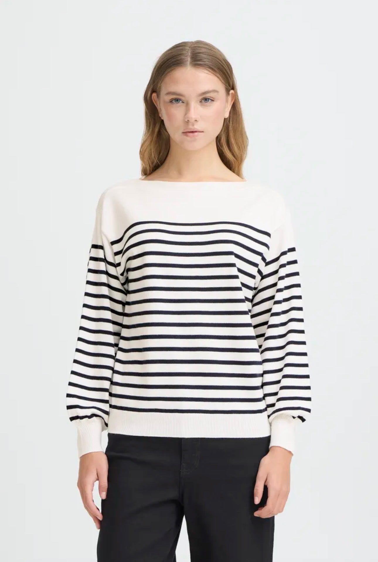 ICHI LULS BOAT NECK LS PULLOVER SOLID/WHITE T STRIPE