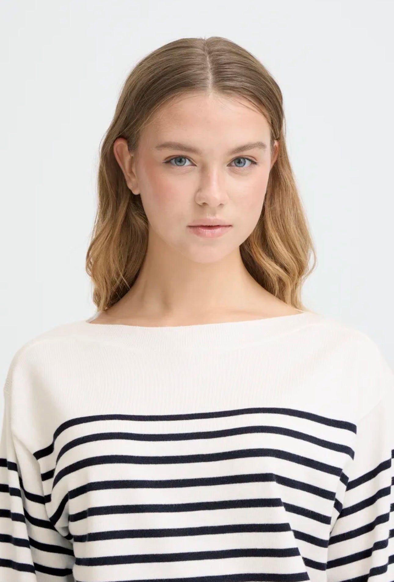 ICHI LULS BOAT NECK LS PULLOVER SOLID/WHITE T STRIPE