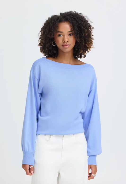 ICHI LULS BOAT NECK LS PULLOVER in POWDER BLUE