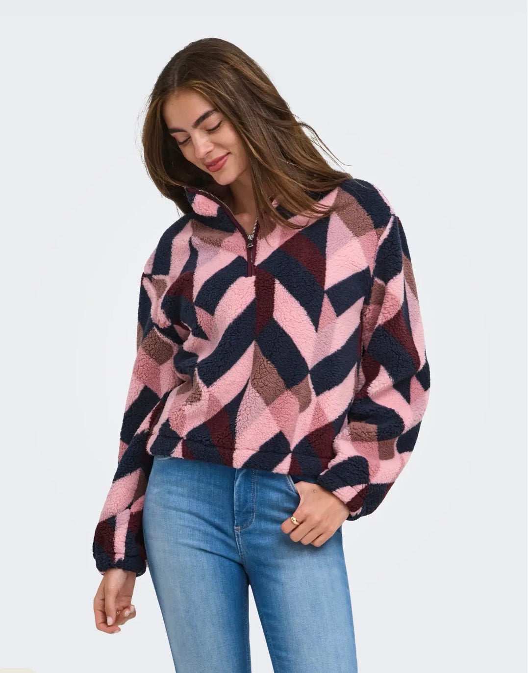 ONLY NEW DALLAS LS HIGHNECK ZIP TOP - FIG DALLAS GRAPHIC PINK