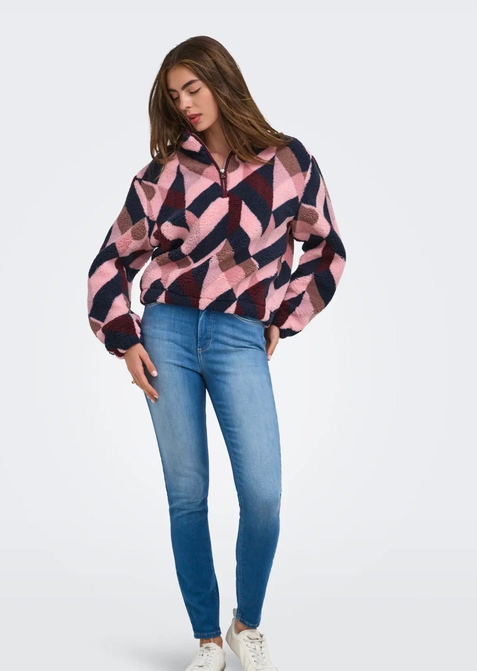 ONLY NEW DALLAS LS HIGHNECK ZIP TOP - FIG DALLAS GRAPHIC PINK