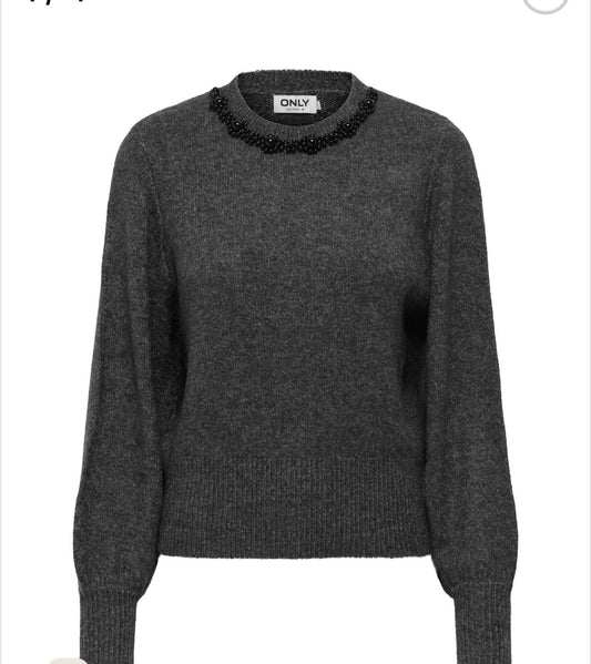 ONLY LELSA LS PULLOVER KNIT MEDIUM GREY MELANGE / BLACK PEARLS