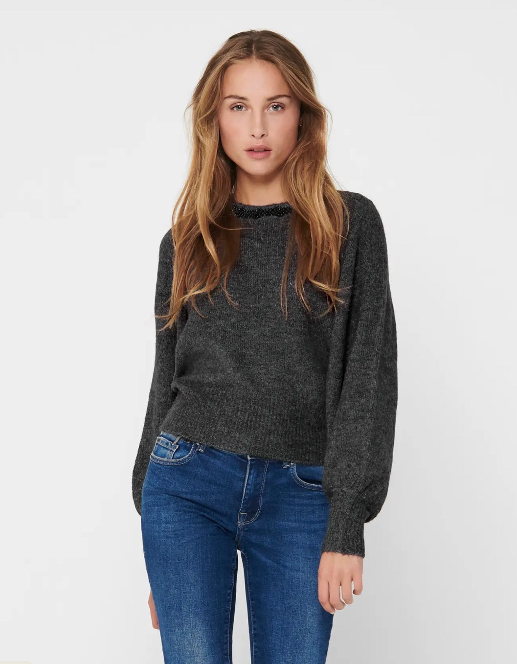 ONLY LELSA LS PULLOVER KNIT MEDIUM GREY MELANGE / BLACK PEARLS