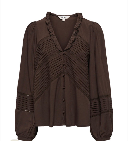 ONLY EUGINA LS V-NECK DOBBY BLOUSE - COFFEE BEAN