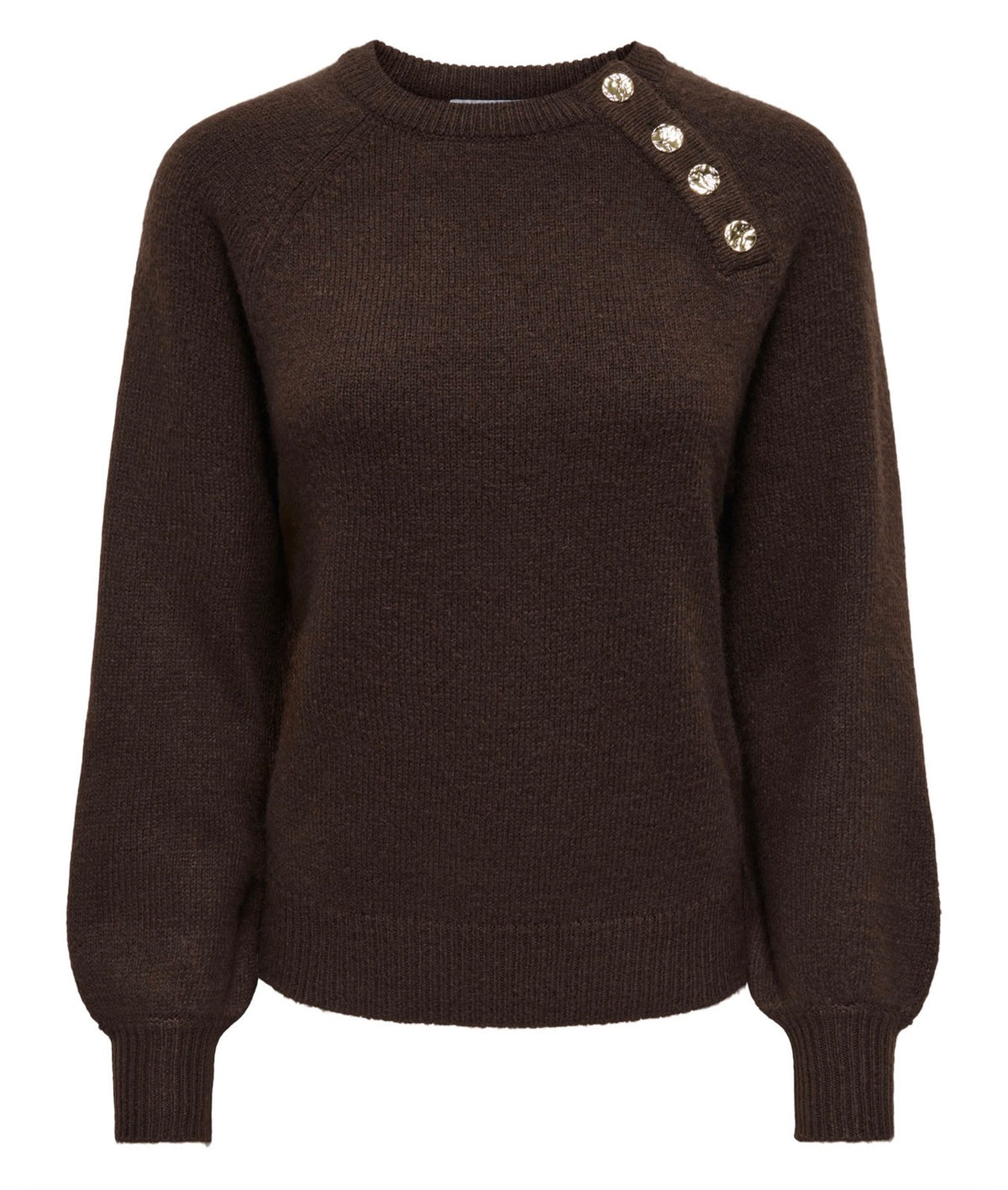 ONLY EMMA LS BUTTON O-NECK KNIT - COFFEE BEAN