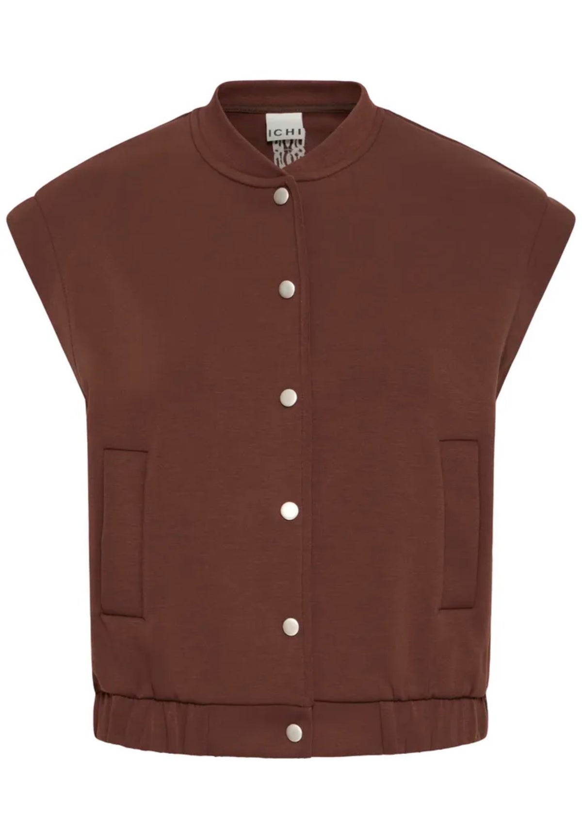 ICHI COZY WAISTCOAT TOP - BROWN / BEIGE EMBROIDERY