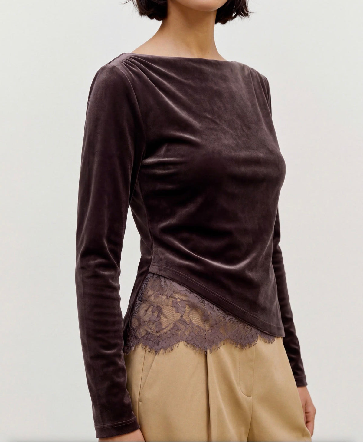 VERO MODA RIKKE LS BOATNECK LACE MIX TOP - CHOCOLATE TORTE