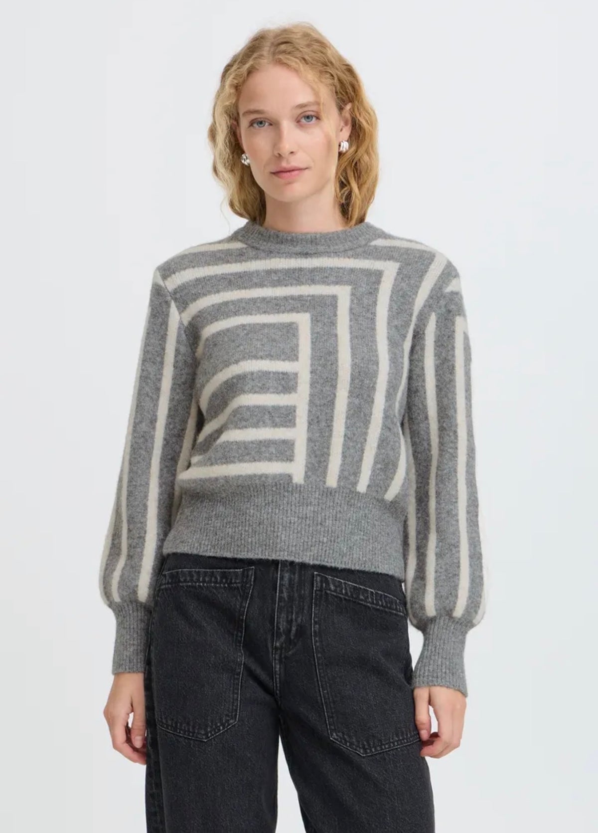 B YOUNG OMEA JUMPER - MID GREY MELANGE / ABSTRACT