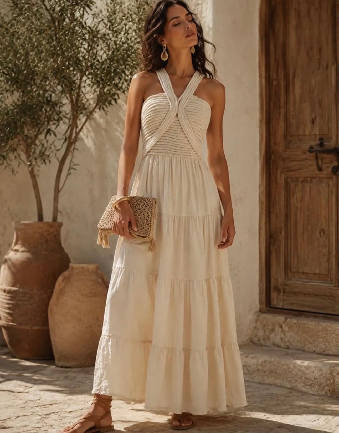 CREAM ROPE DETAIL MAXI DRESS