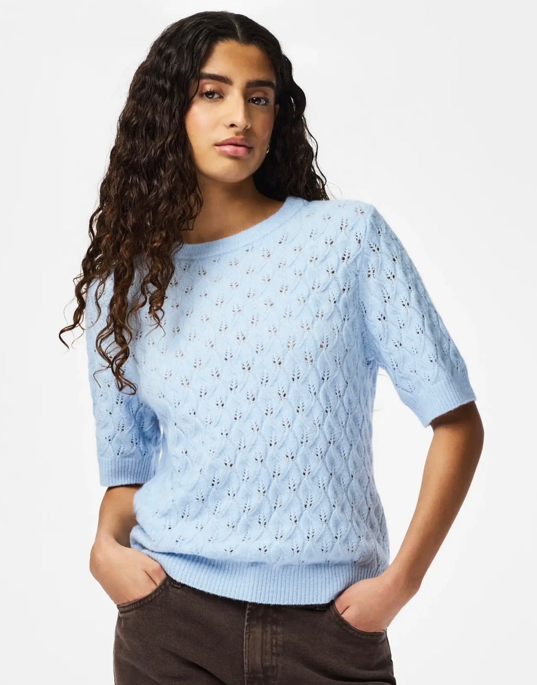 PIECES LELOU SS O-NECK KNIT CASHMERE BLUE/MELANGE