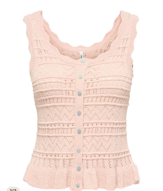 ONLY SUNNY SL U-NECK BUTTON FRILL TOP PEACH WHIP