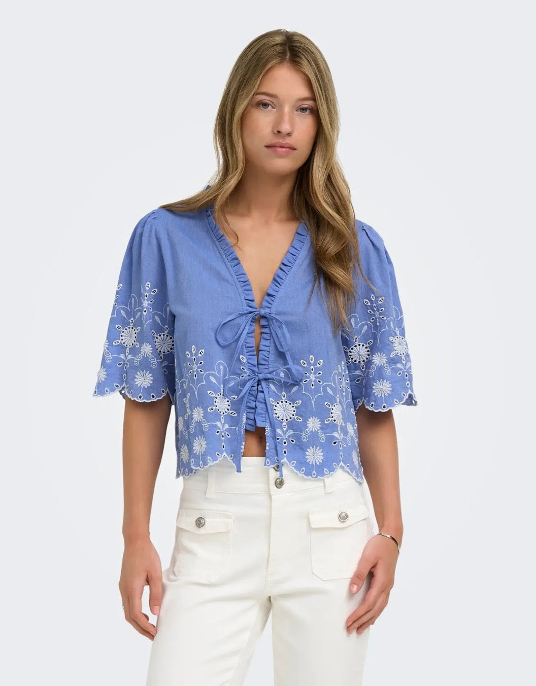 ONLY MIFFY SS EMB TIE TOP in MEDIUM BLUE DENIM