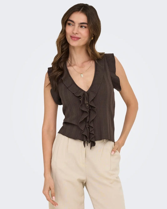 ONLY NELLY SLEEVELESS V-NECK STRING CARDI KNIT CHOCOLATE MARTINI