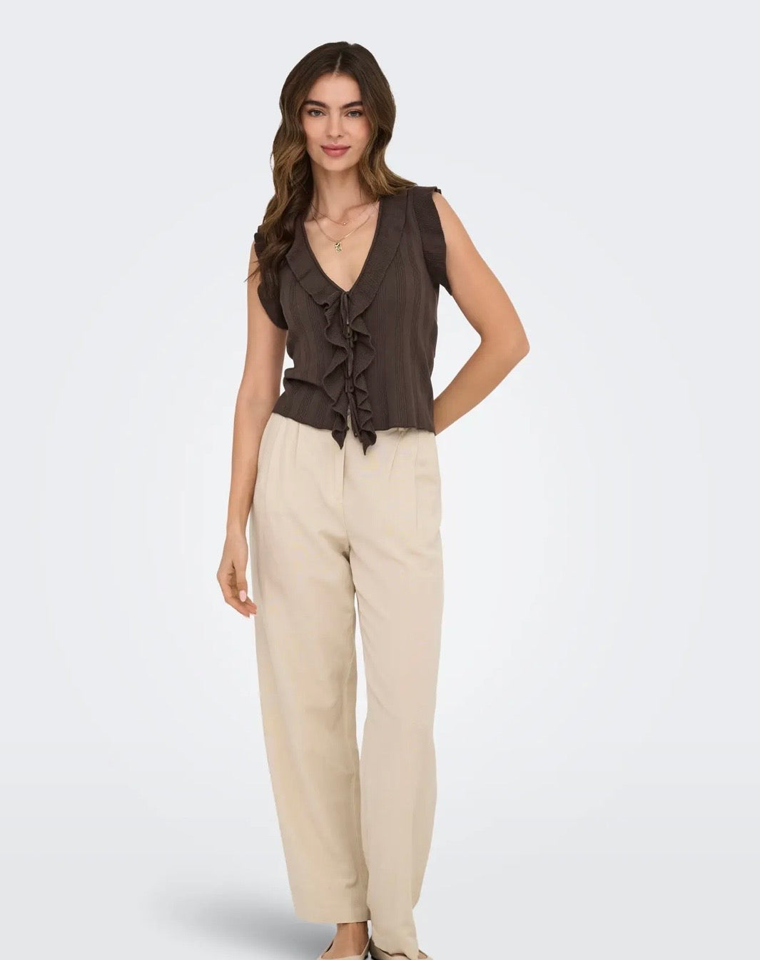 ONLY NELLY SLEEVELESS V-NECK STRING CARDI KNIT CHOCOLATE MARTINI