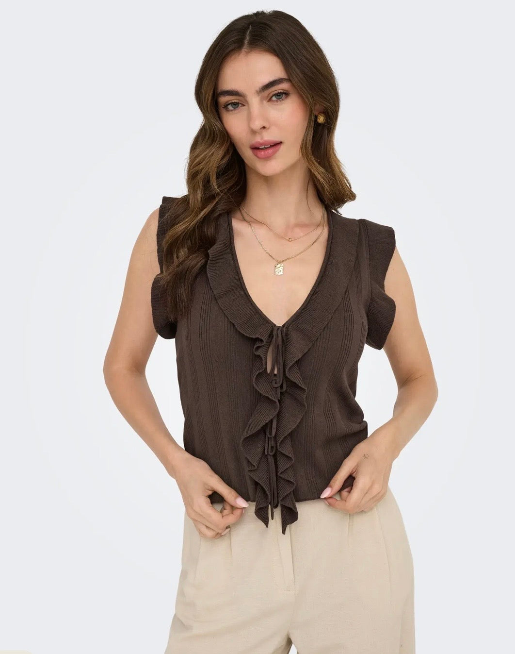 ONLY NELLY SLEEVELESS V-NECK STRING CARDI KNIT CHOCOLATE MARTINI
