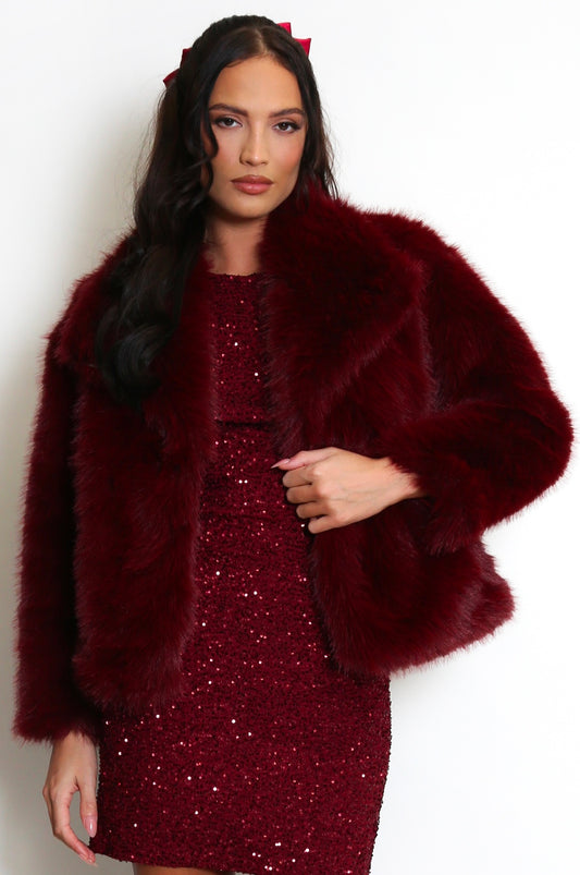 Cropped Burgundy Faux Fur Jacket