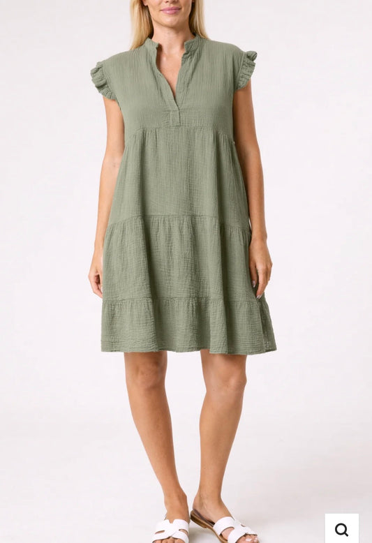 V NECK TIERED FRILL SLEEVE SUMMER DRESS