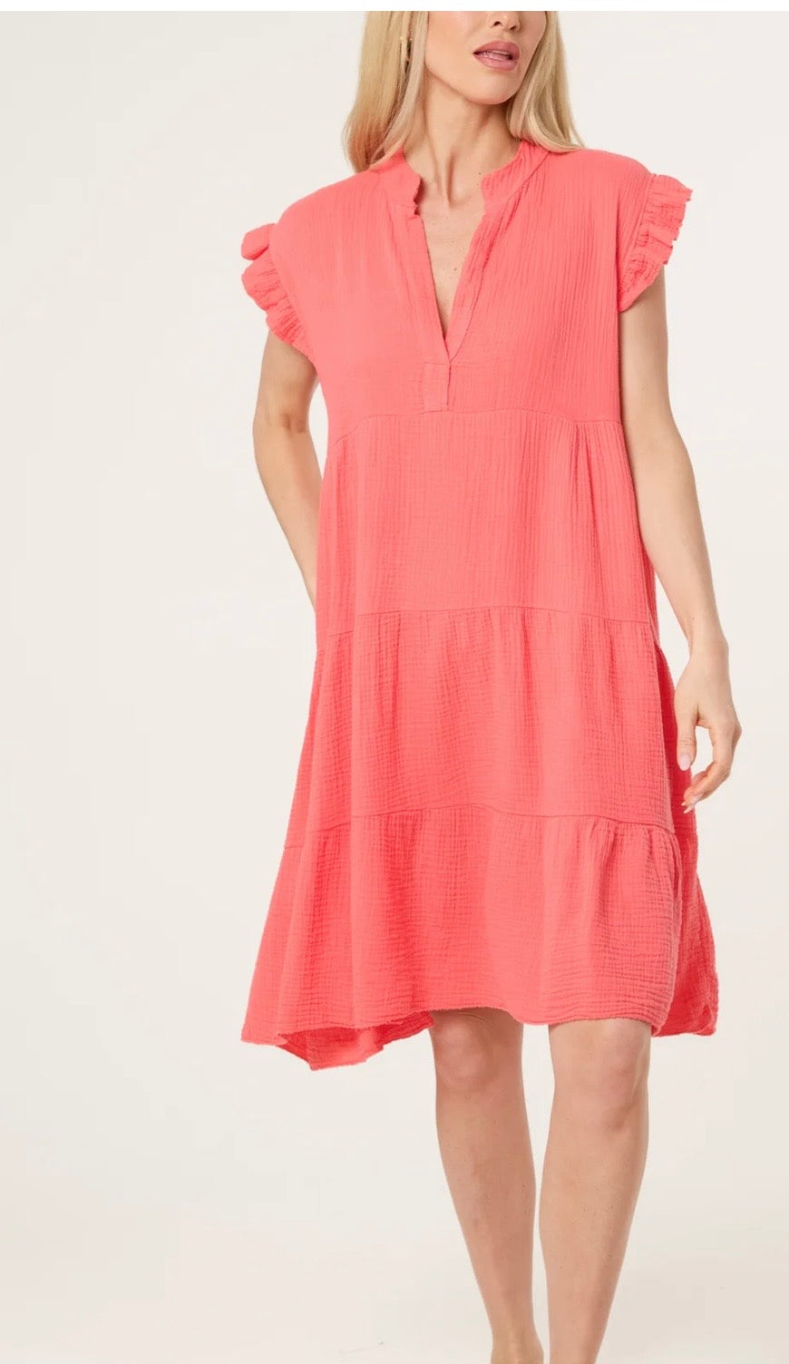 V NECK TIERED FRILL SLEEVE SUMMER DRESS